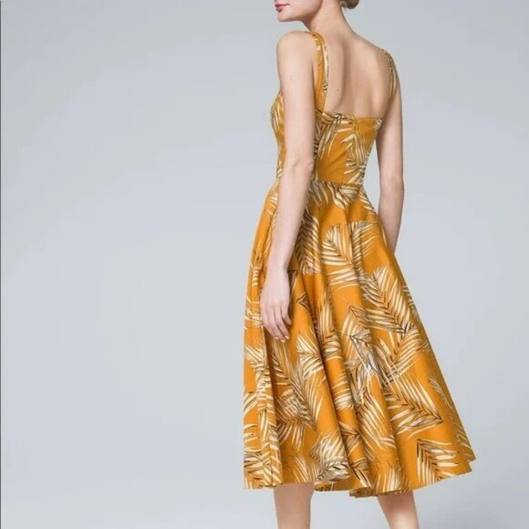 WHBM Sunny Palm Print Fit and Flare Midi Dress Orange Wide Straps Petite 6P NWT - Picture 16 of 16